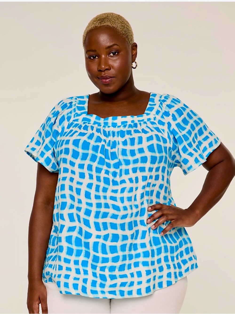 NWT! Lane Bryant Blue and White Grid-Pattern Short Sleeve Top Plus Size 18/20